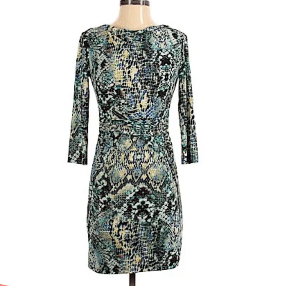 NWOT David Meister Dress Animal Print Green/ Black Ruching Great Fit Size. 2
